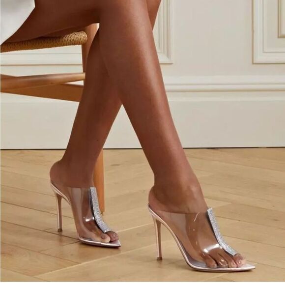 NWT Gianvito Rossi Sigma Crystal embellished PVC mules Stiletto Heels $1095 - Picture 1 of 11